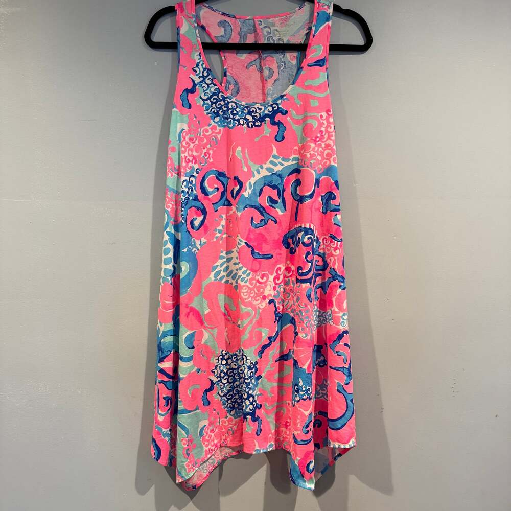 Lilly Pulitzer Pink Blue Aqua Print Cotton Racerback Swing Dress Size Small
